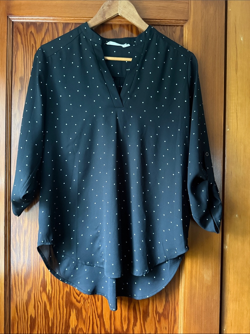 Black Polka Dot V-Neck Roll-Sleeve Blouse